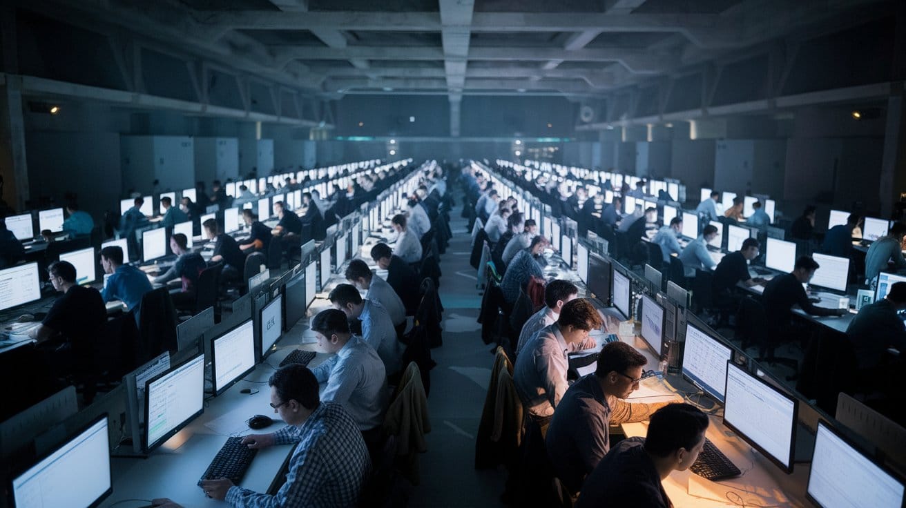 A cinematic shot of a large, dimly lit room filled with rows of workers sitting at desks, intensely focused on their work.