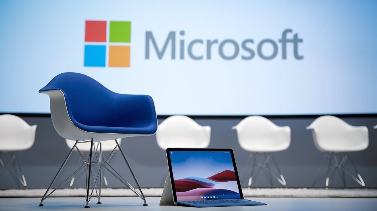 A cinematic shot of a presentation room. There's a Microsoft logo on the screen.