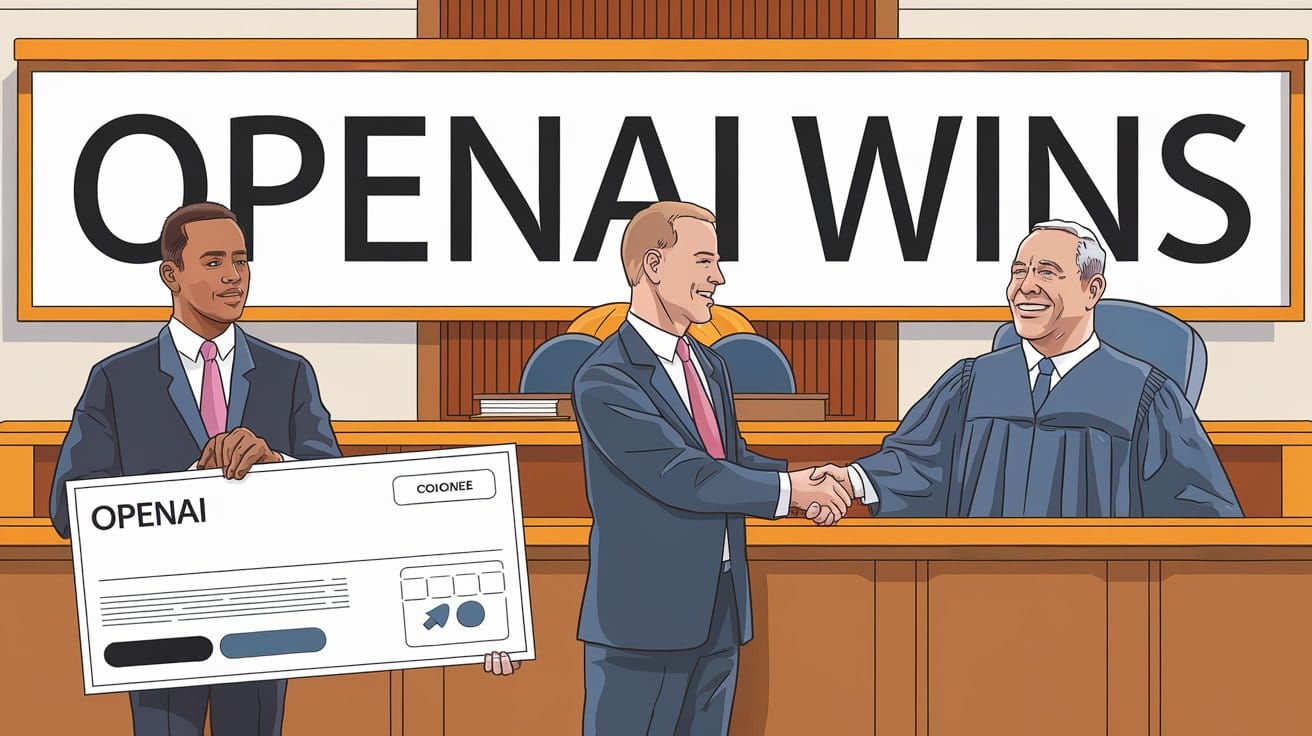 A courtroom scene with OpenAI's lawyers standing victorious. The judge is smiling and shaking hands with OpenAI's lawyer.