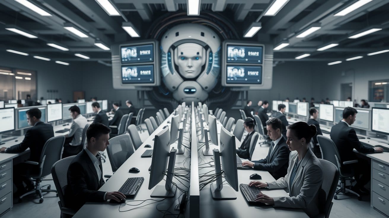 A dystopian workplace setting with rows of people sitting at desks.