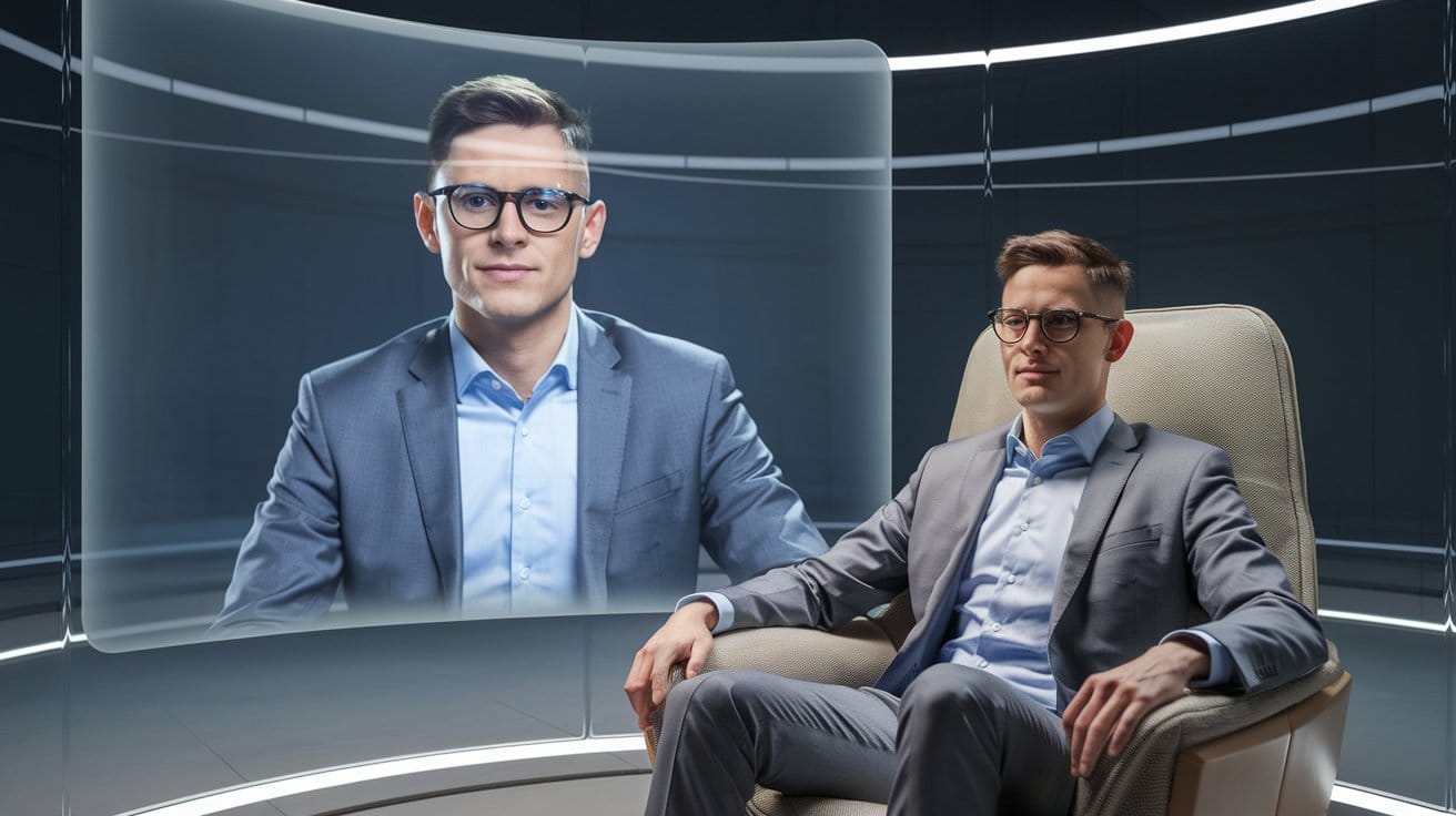 A man is sitting in the chair, wearing a gray suit and a blue shirt. He has short, dark hair and glasses. 