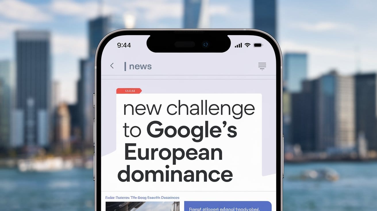 A news headline on a smartphone reading "A New Challenge to Google Search's European Dominance". 