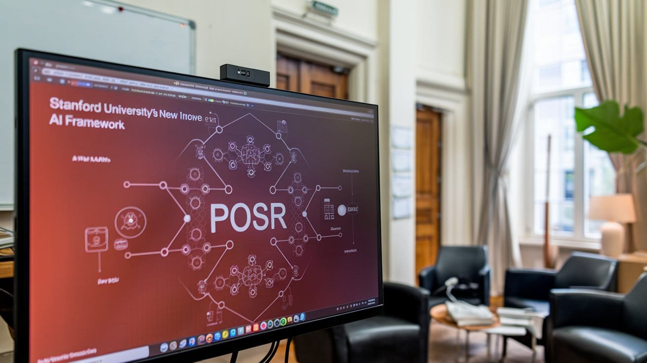 A photo of a computer screen displaying Stanford University's new "POSR" AI framework. 