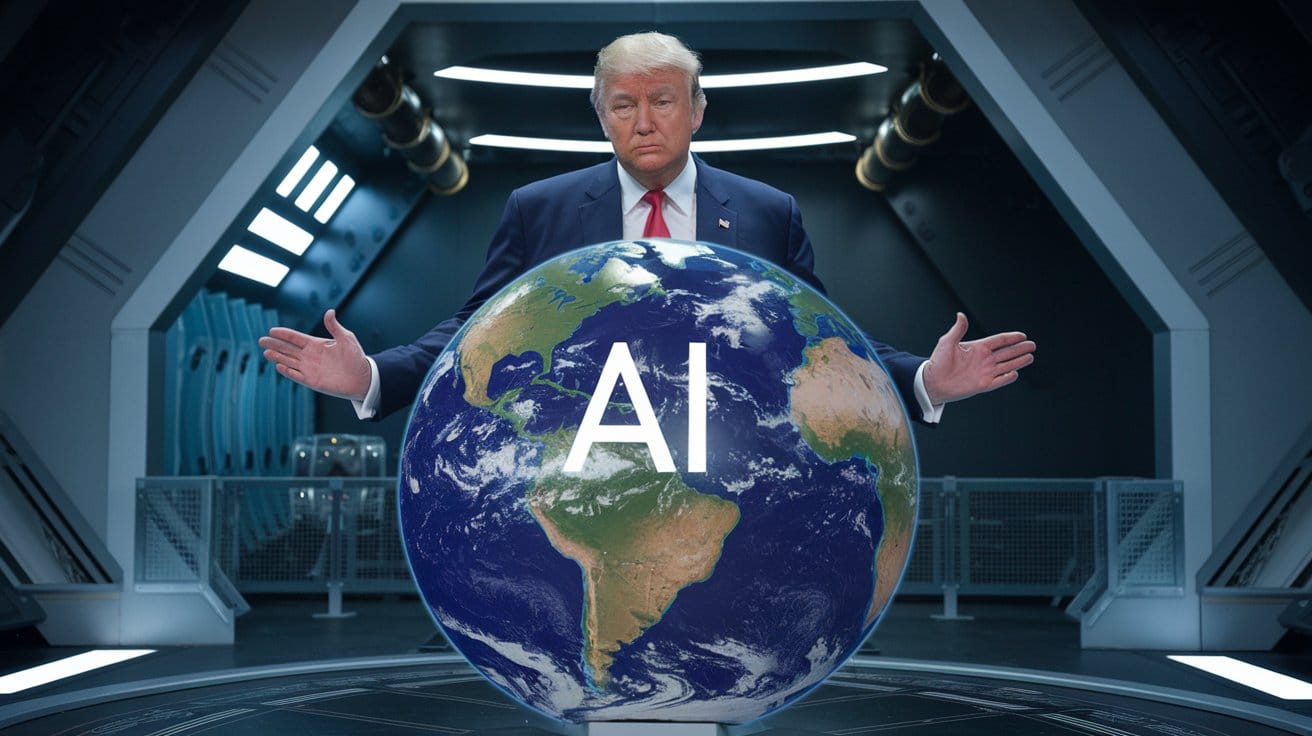 Donald Trump‘s entire body covering the Earth model, with "AI" written in the middle of the model.