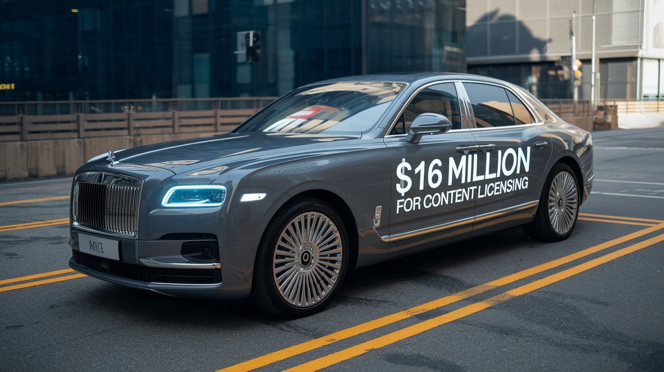 A photo of a luxury car with the text "$16 Million for Content Licensing" on the side. 