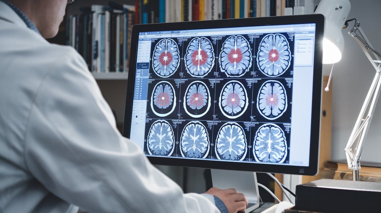 The computer screen shows multiple brain scans with red circles around areas of interest.