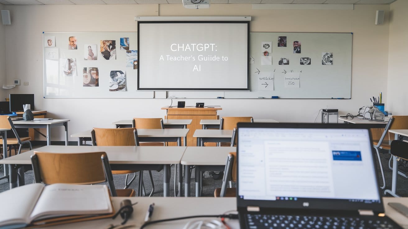 A photo of a teachers' workshop. The room has multiple desks with chairs. On the wall,