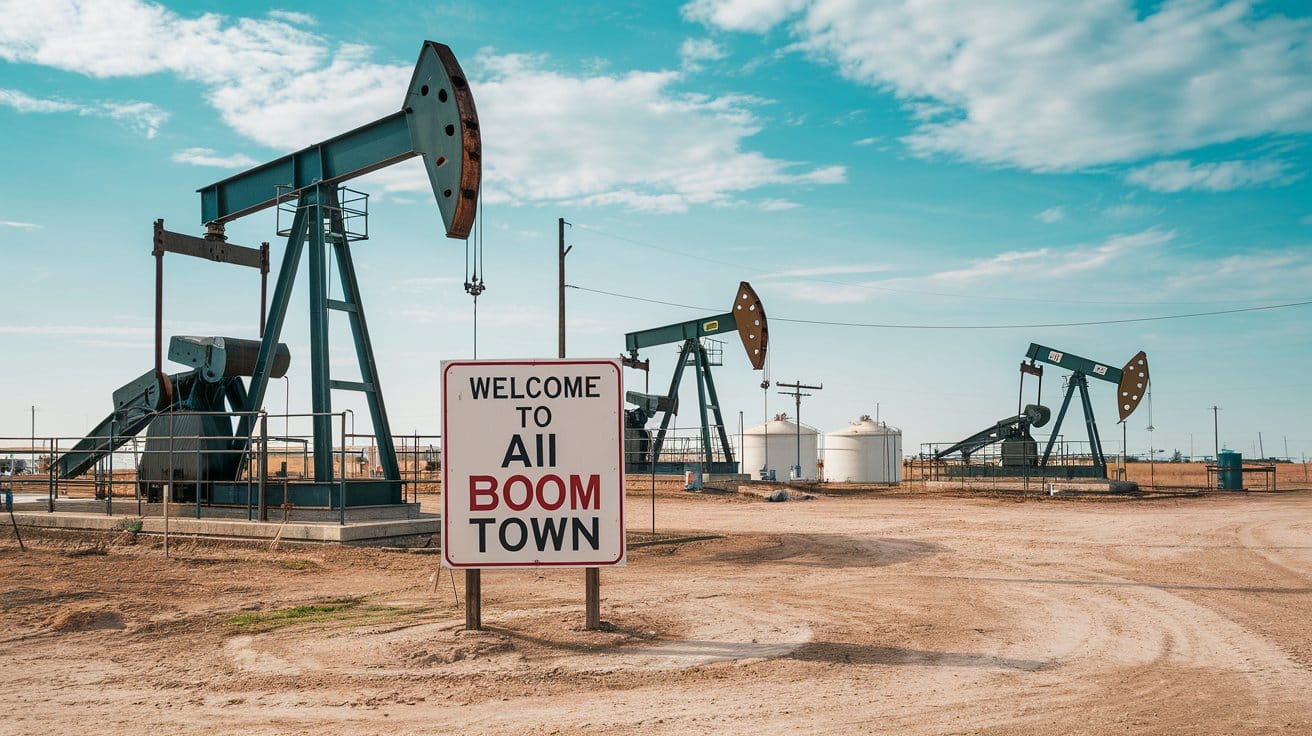 A photo of a Texas oil field with multiple pumps and storage tanks.