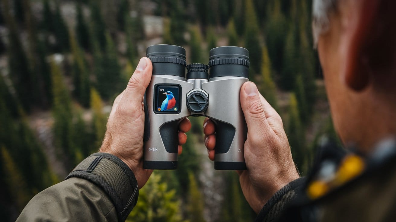 A photo of a wildlife observer holding the Swarovski Optik AX Visio binoculars, with a forest of trees in the background.