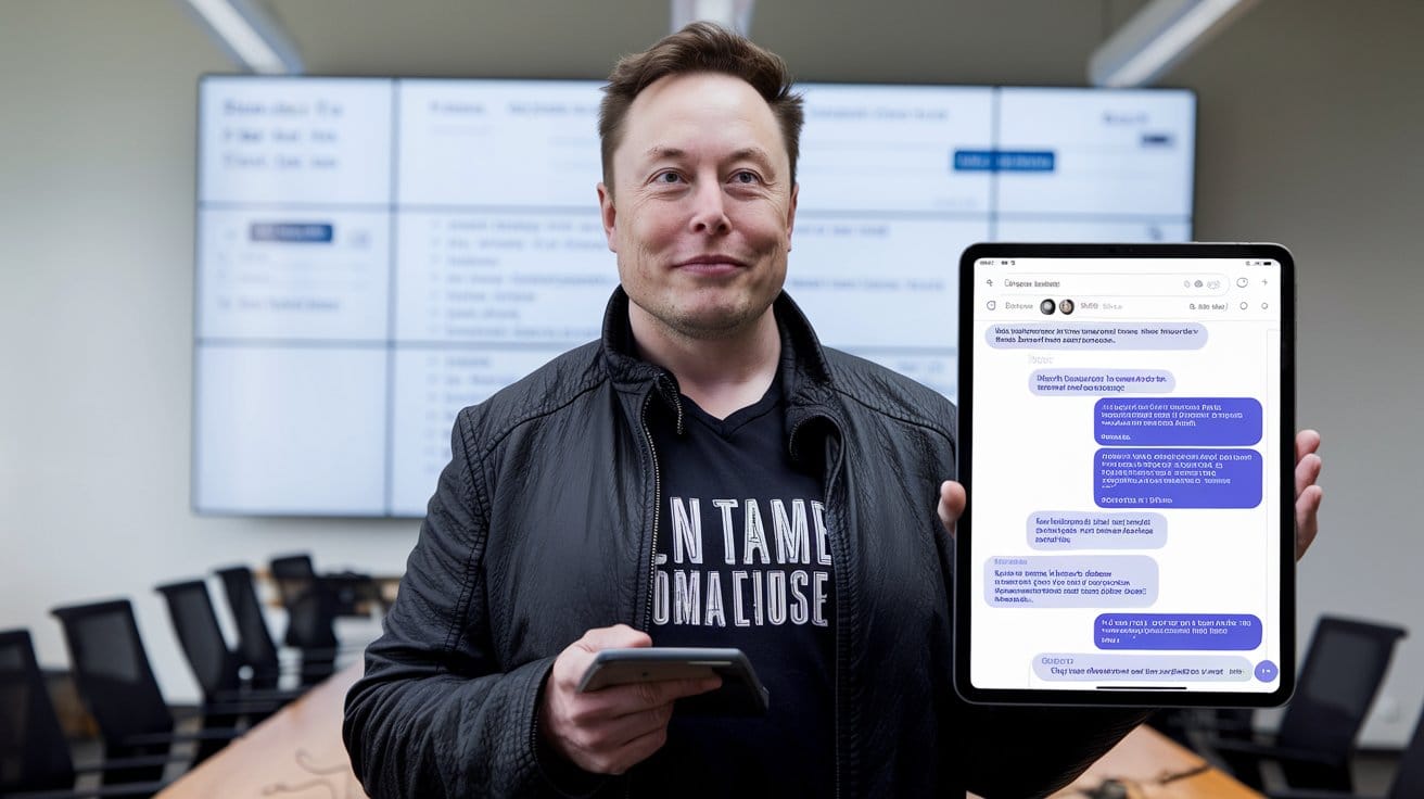 A photo of Elon Musk holding a tablet with an email conversation between OpenAI founders.