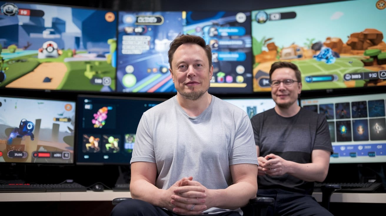 A photo of Elon Musk's new AI game studio. There are multiple screens with various game stages.