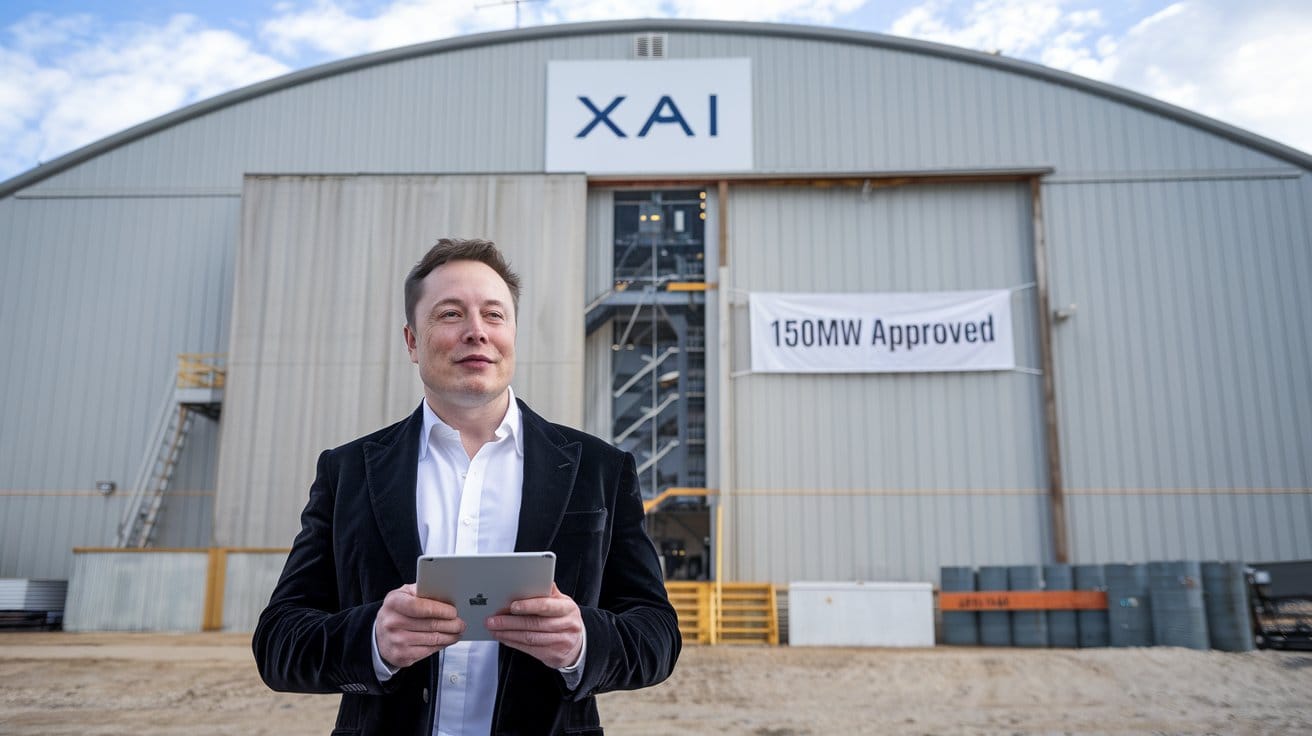 A photo of Elon Musk standing in front of a large building, holding a tablet.