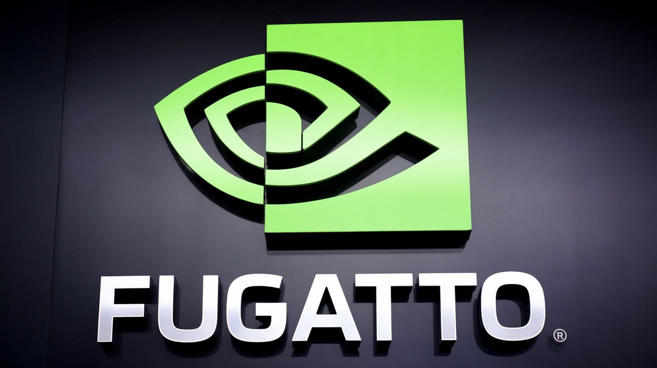 A photo of the Nvidia logo with the text "Fugatto" below it. 