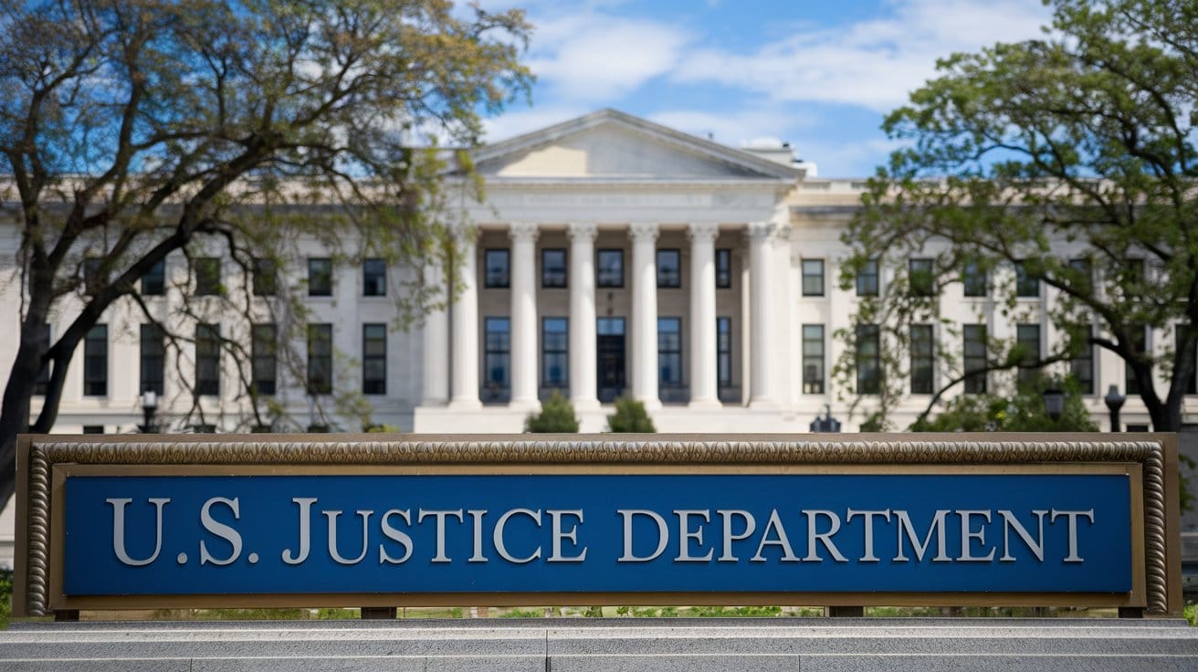 A photo of the US Justice Department building with a large sign that says "US Justice Department". 