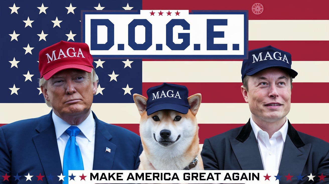 A photo of a banner with the text "D.O.G.E.". Below the banner, there are Donald Trump and Elon Musk wear MAGA hat.