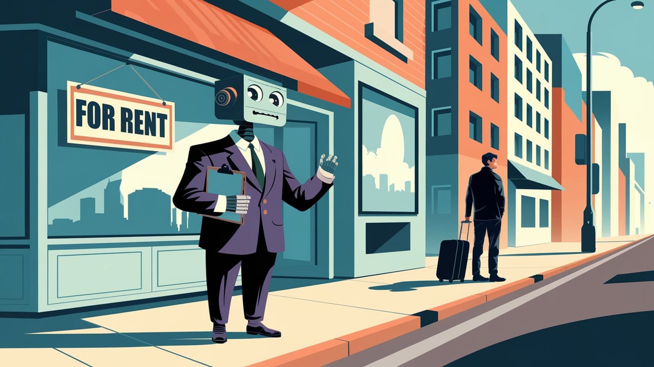 An illustration of a robot landlord standing in front of a building with a "For Rent" sign.