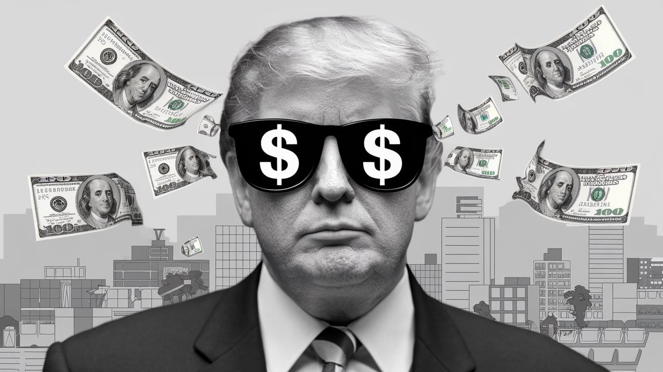 A black and white animated photo of Trump wearing sunglasses with a dollar symbol inside.