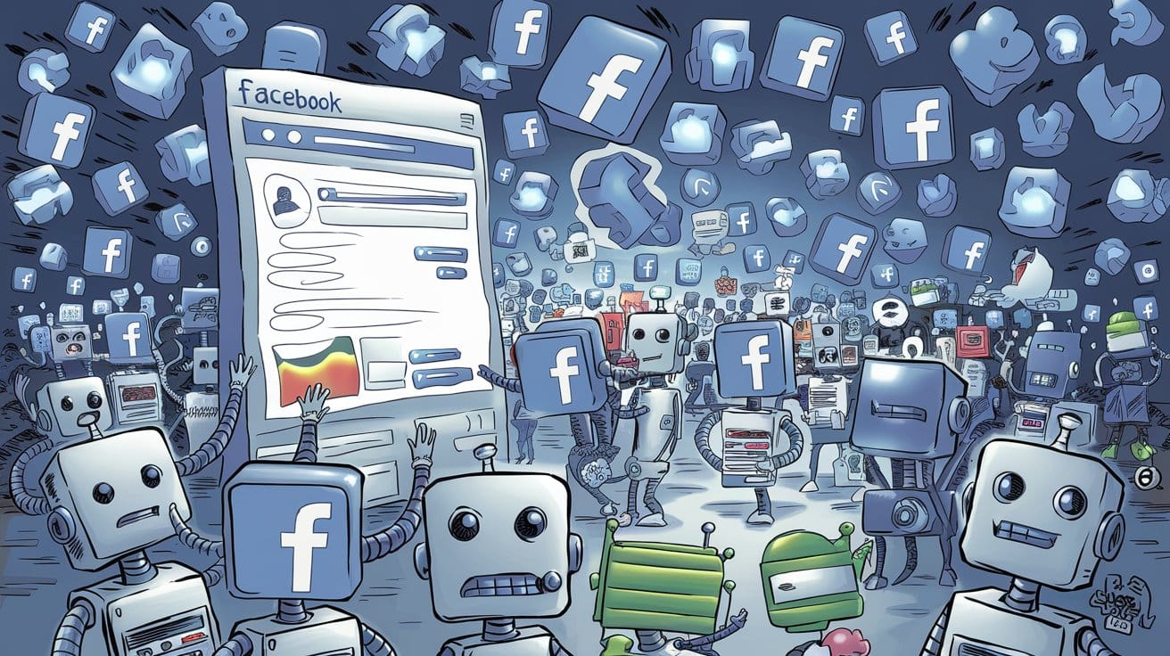 A cartoon of a Facebook platform with a large number of AI users. There are robots with Facebook logos on their heads.