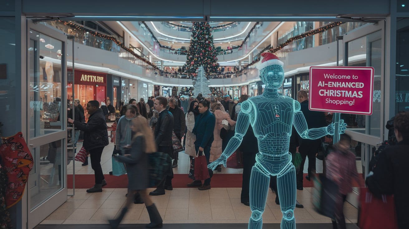 A cinematic medium shot of a bustling shopping mall on Christmas Eve. 