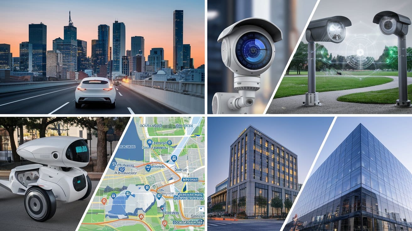 A collage of images of U.S. cities using AI to address common issues.