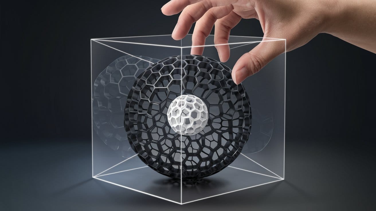 A conceptual image of a hand manipulating a black and white patterned ball. The ball is inside a transparent box.