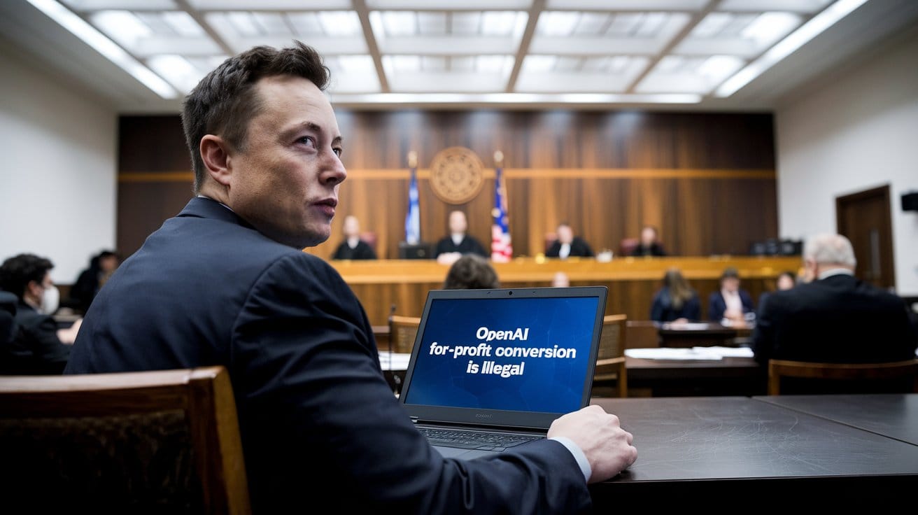 A court scene with Elon Musk in the foreground, seated at a table with a laptop.