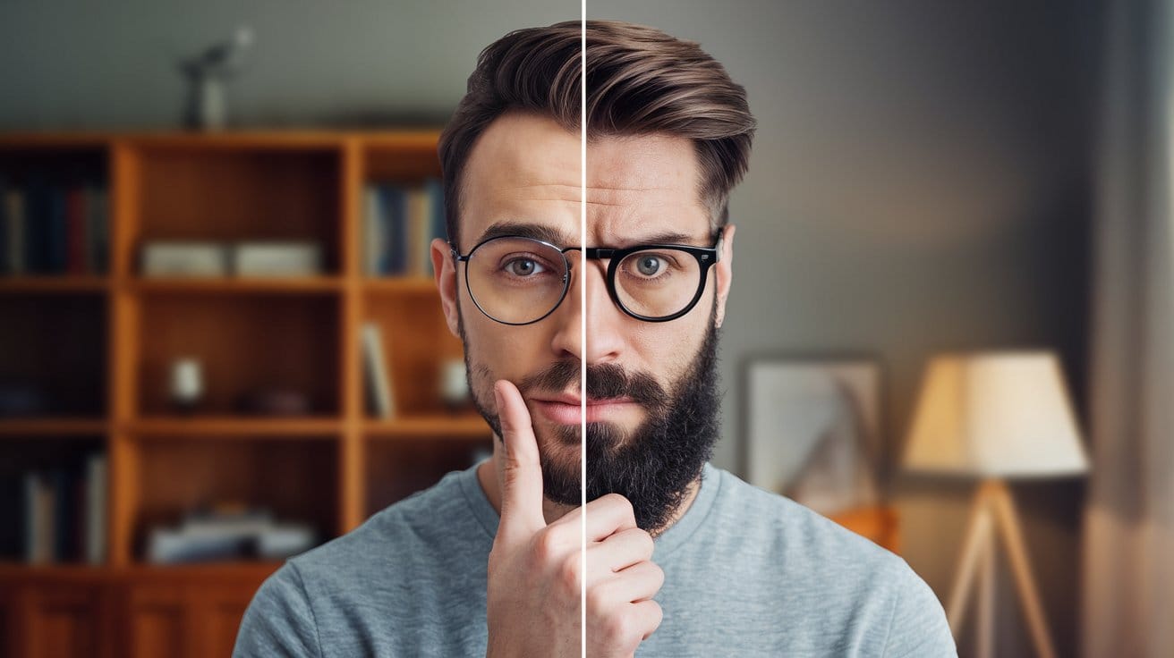 A man with a beard and glasses is comparing his face with a different face with no beard and glasses.