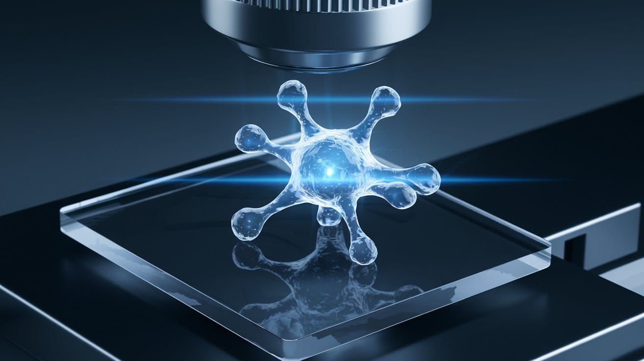 A microscopic image of a laser-based artificial neuron with a blue laser inside.