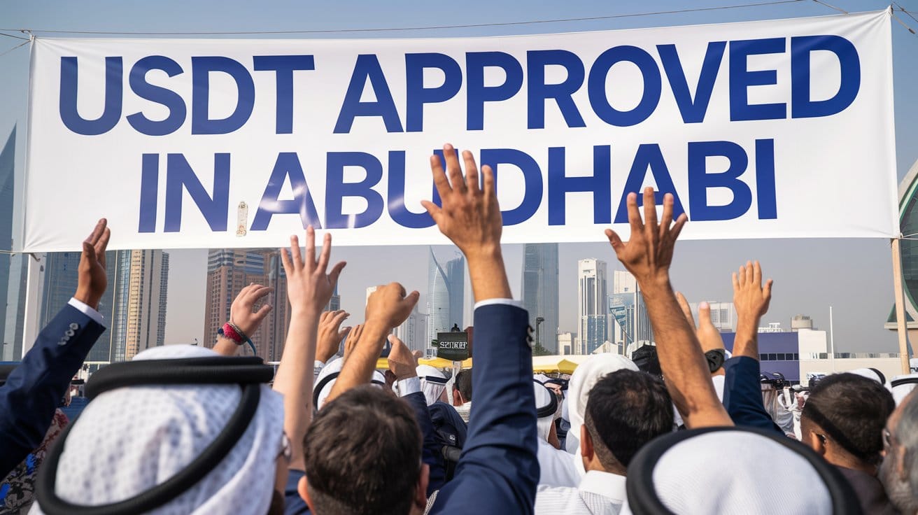 There's a large banner that says "USDT Approved in Abu Dhabi".