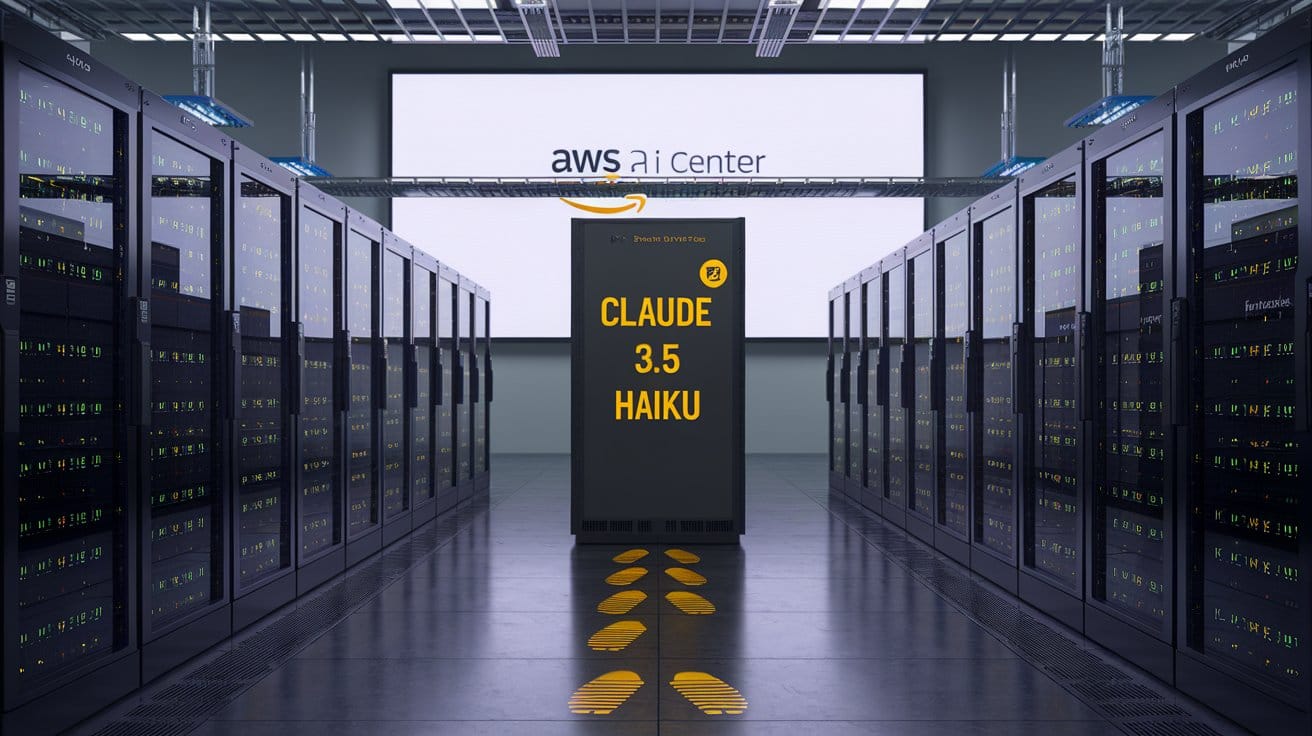 A photo of a data center with multiple servers. There is a server named "Claude 3.5 Haiku" marked with a yellow sticker.