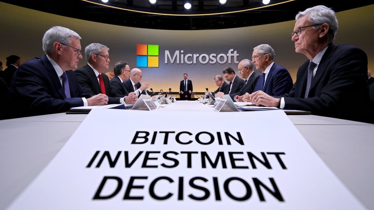 In the foreground, there is a document on the table with the text "Bitcoin Investment Decision".