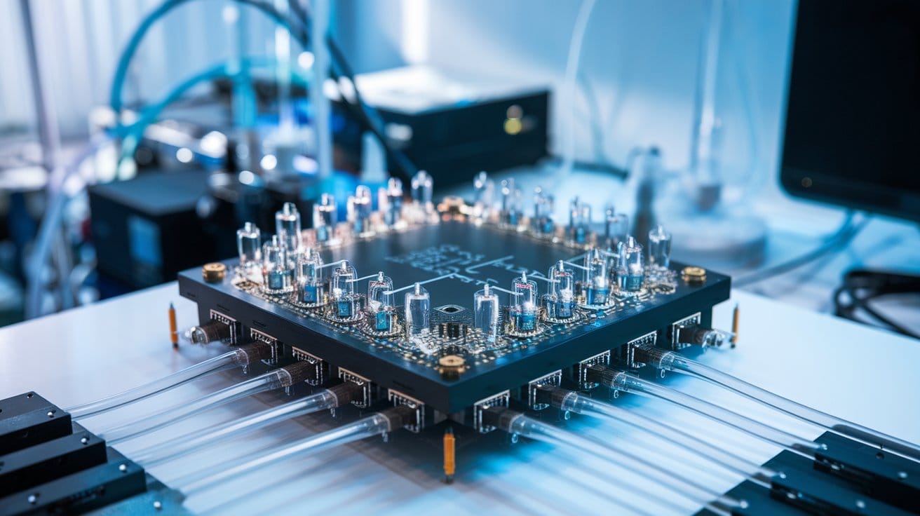 A photo of a silicon photonic chip with multiple waveguides and photonic devices. The chip is placed on a white surface.