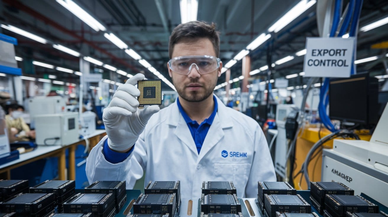 A photo of a worker at a semiconductor manufacturing plant.