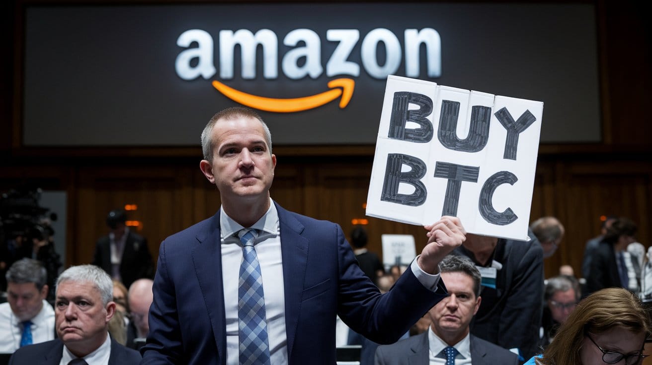 A man with a suit and tie is standing and holding a sign that says "Buy BTC". 