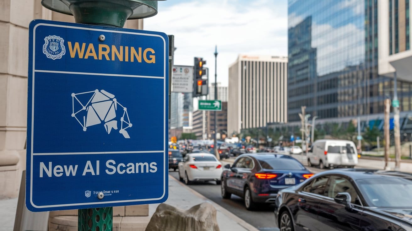 A photo of an FBI warning sign with the text "New AI Scams". 