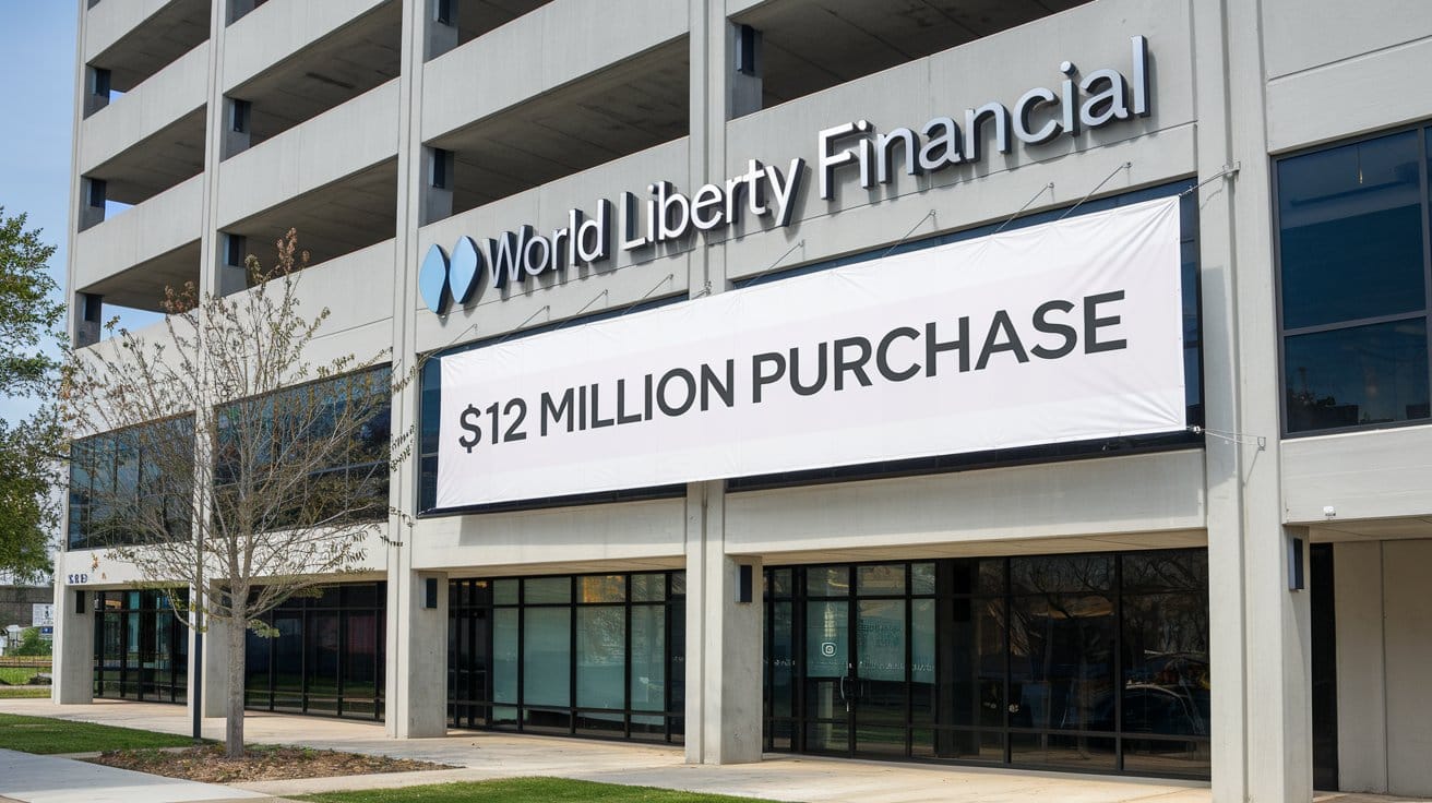 A photo of the exterior of a building with the text "World Liberty Financial" on the side. 