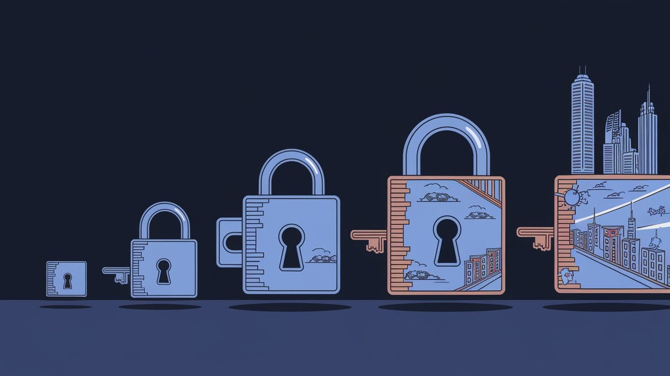 Ransomware starts with a simple lock icon with a keyhole. Then, it evolves into a more complex lock with a key.