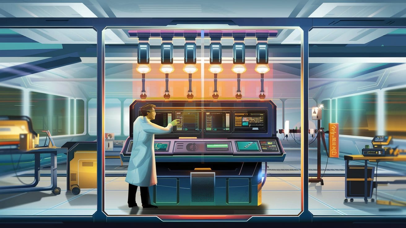 a scientist is adjusting the settings on a large machine with multiple screens.