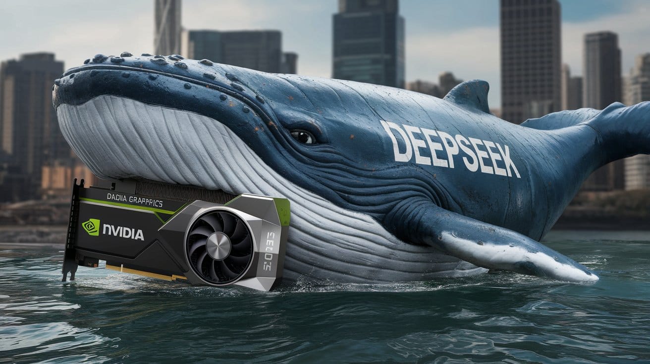 The whale named DeepSeek is swimming in a body of water and has a large Nvidia graphics card in its mouth.