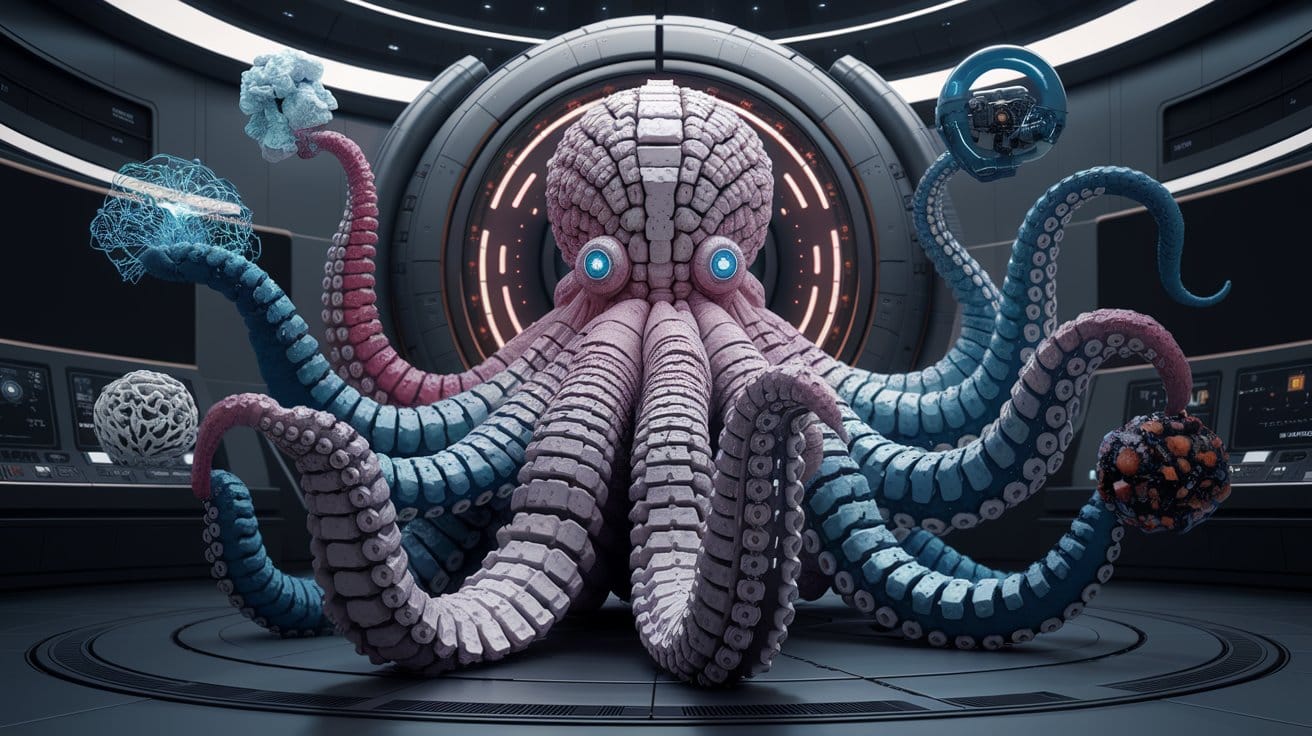 A cinematic shot of a massive octopus made up of various machine learning systems.