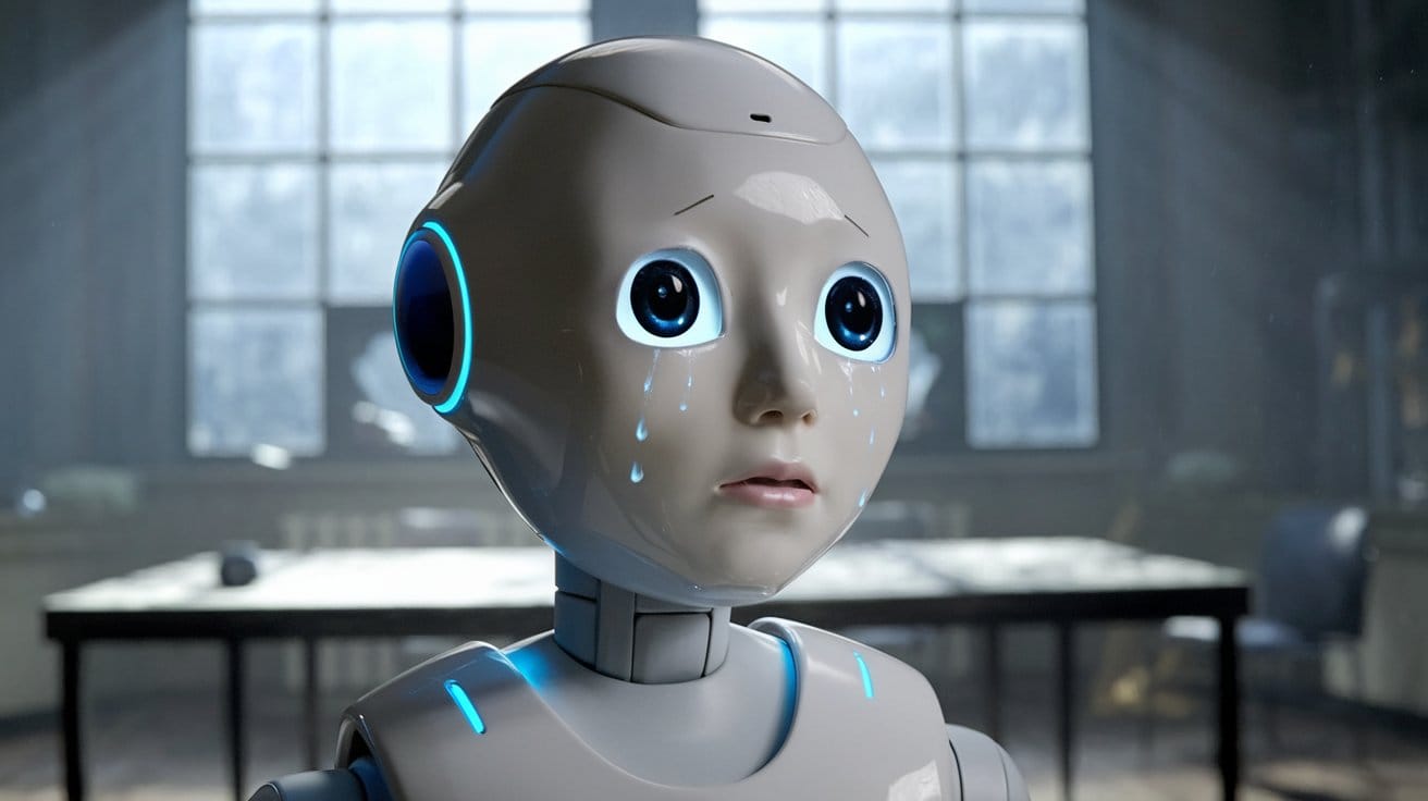 A cinematic shot of a robot with a human-like face. The robot is crying. The background is a dimly lit room with a window.