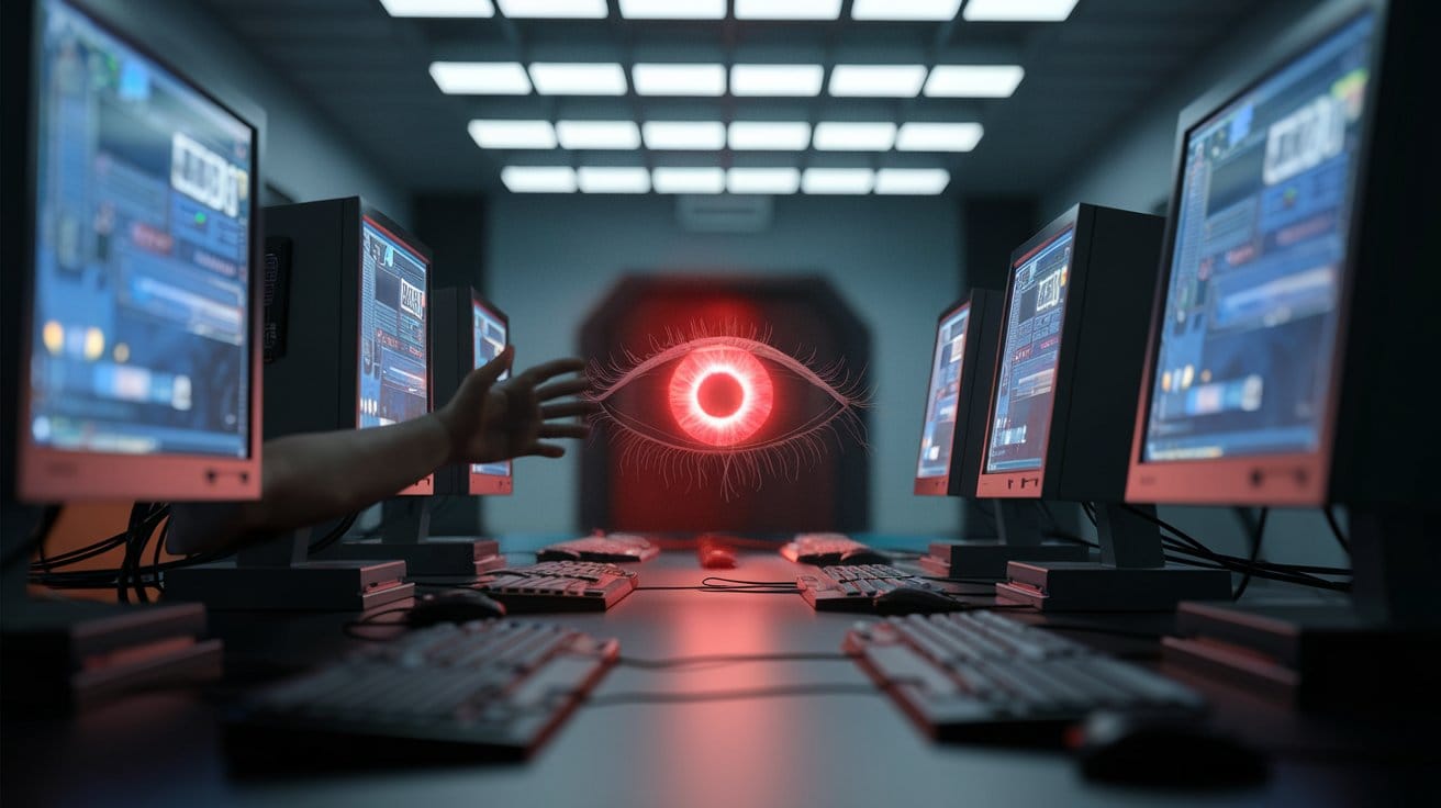 A cinematic shot of a room with several computers. A glowing red eye is seen in the middle of the room. 