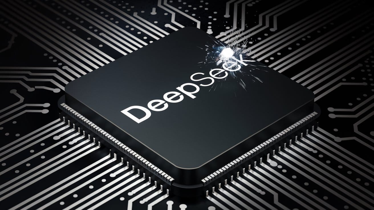 A close-up shot of a computer chip with the text "DeepSeek" on it. There is a small, white explosion on the chip.