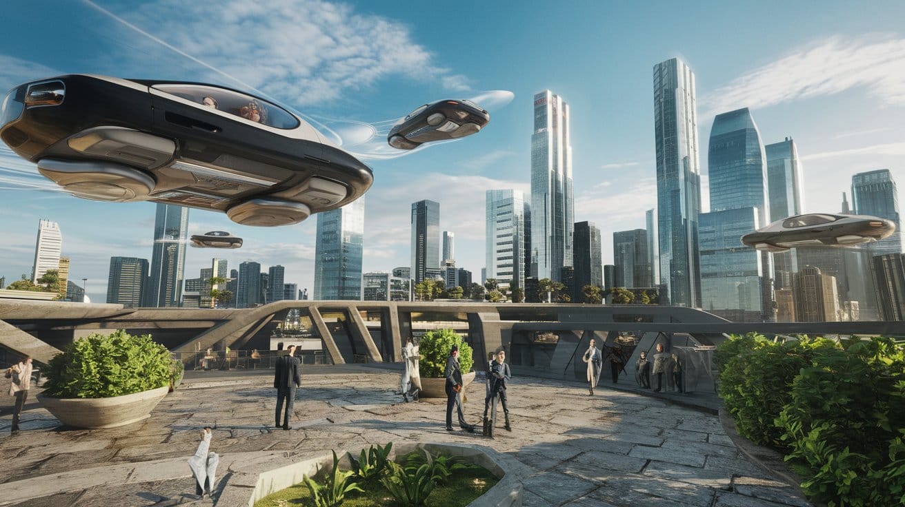 A futuristic city with flying cars and skyscrapers. The cars are moving in the sky.