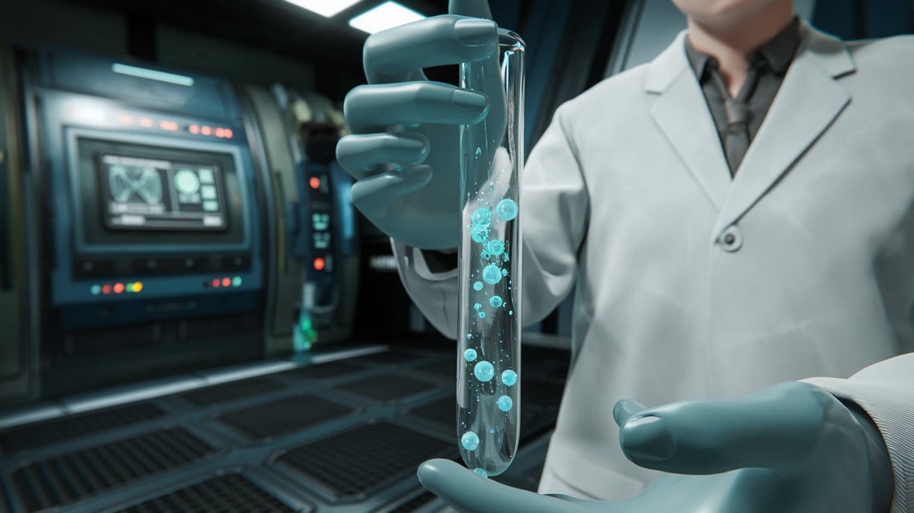 A scientist in a white coat holding a test tube. The test tube contains a clear liquid with small, glowing blue spheres.