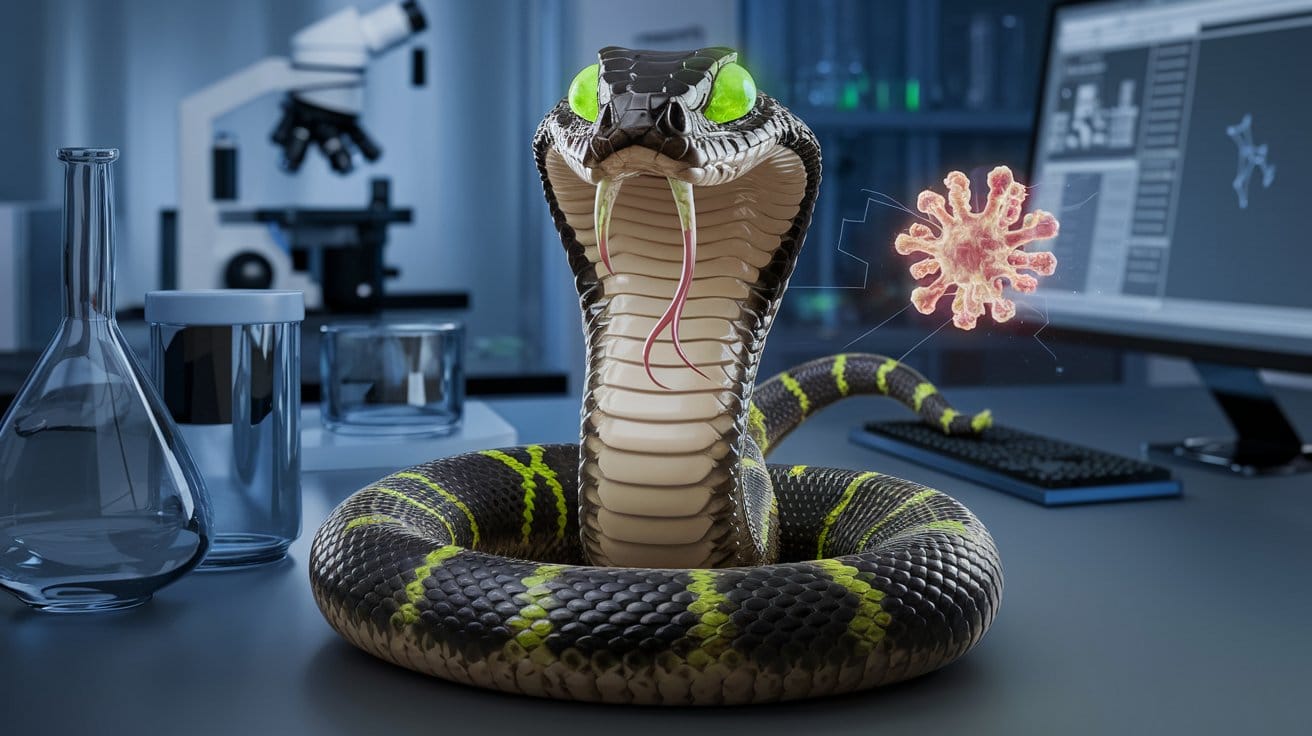 A small, glowing AI-designed protein is shown in the air near the snake.