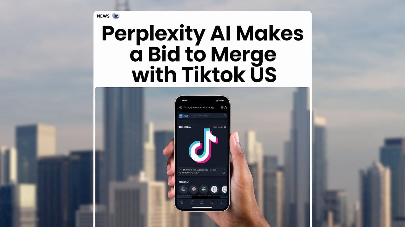 A mockup of a news headline that reads "Perplexity AI Makes a Bid to Merge with TikTok US".