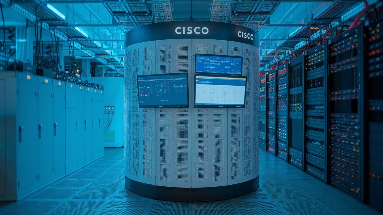 A photo of a Cisco AI Defense system. The system is located in a data center, with a variety of servers and routers. 