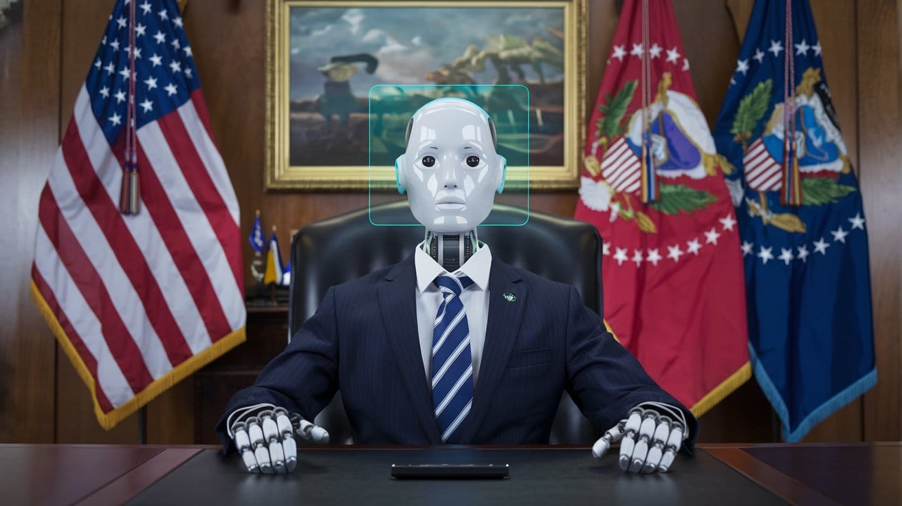 a robot with a human-like appearance and sitting at a desk in a government office setting. 