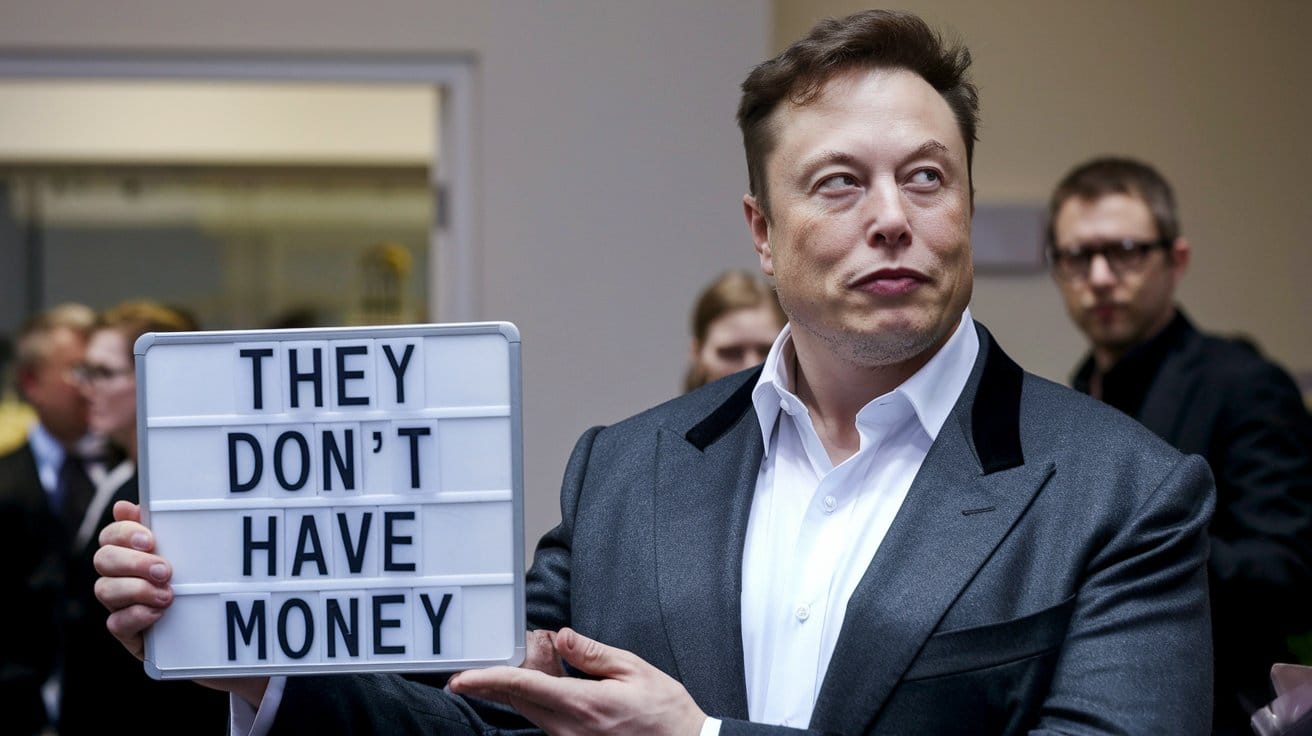 Elon Musk with a concerned expression, holding a whiteboard that says "They don't have money". 